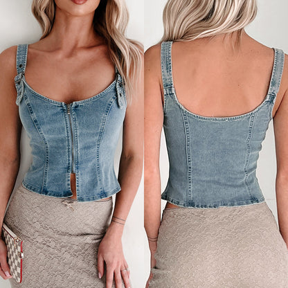 Women's Denim Sleeveless Strappy Top – Slim Fit Zipper Detail