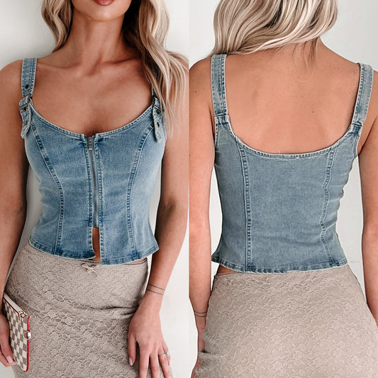 Women's Denim Sleeveless Strappy Top – Slim Fit Zipper Detail