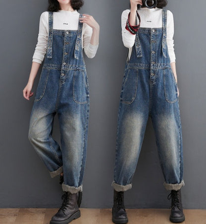 Women's Loose Retro Solid Blue Denim Suspender Overalls – Leisure Style M–2XL
