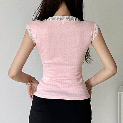 Women's Lace Stitch Square Neck Short Sleeve Top – Bow Detail