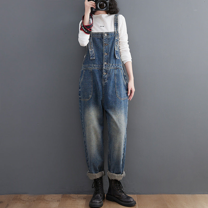 Women's Loose Retro Solid Blue Denim Suspender Overalls – Leisure Style M–2XL