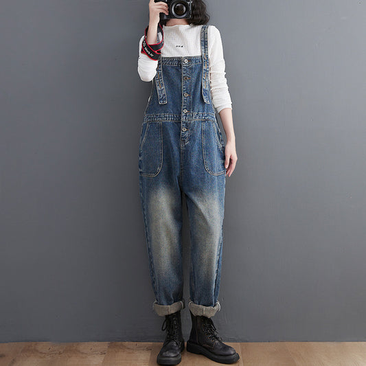 Women's Loose Retro Solid Blue Denim Suspender Overalls – Leisure Style M–2XL