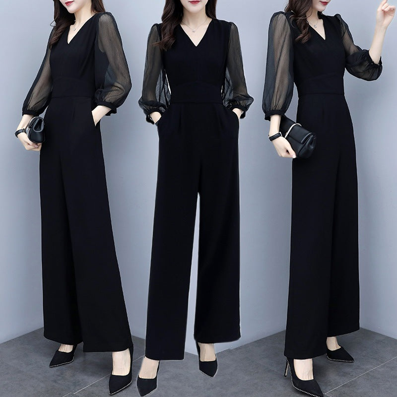 Women's V-Neck High Waist Chiffon Wide Leg Jumpsuit – Black S–3XL