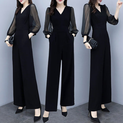 Women's V-Neck High Waist Chiffon Wide Leg Jumpsuit – Black S–3XL