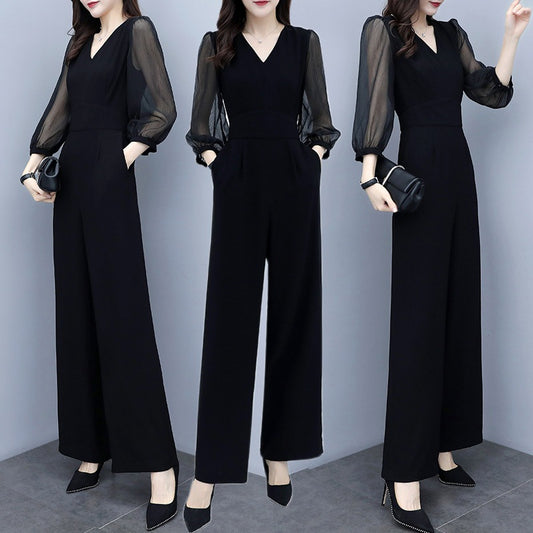 Women's V-Neck High Waist Chiffon Wide Leg Jumpsuit – Black S–3XL