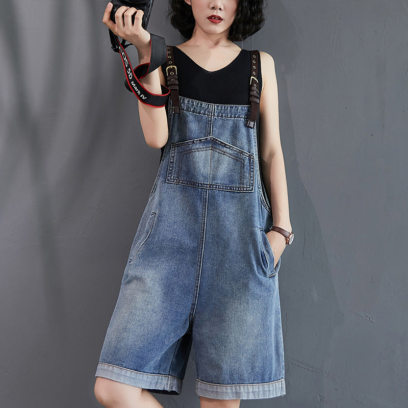 Women's High-Waist Wide-Leg Distressed Denim Overall Shorts – Blue S–2XL