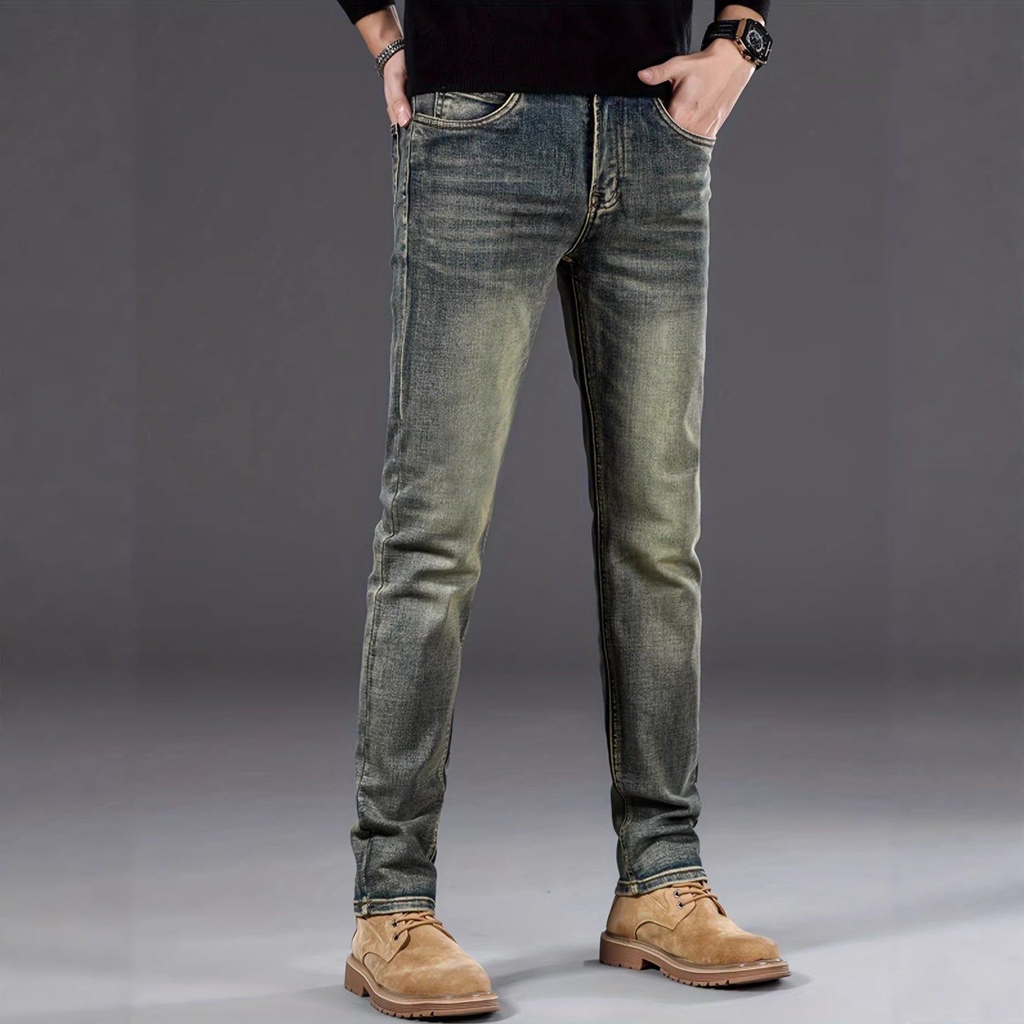 Men's Retro Blue Skinny Jeans – Slim Fit Stretch Streetwear Denim