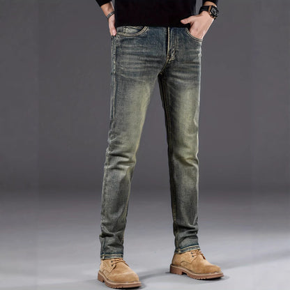Men's Retro Blue Skinny Jeans – Slim Fit Stretch Streetwear Denim