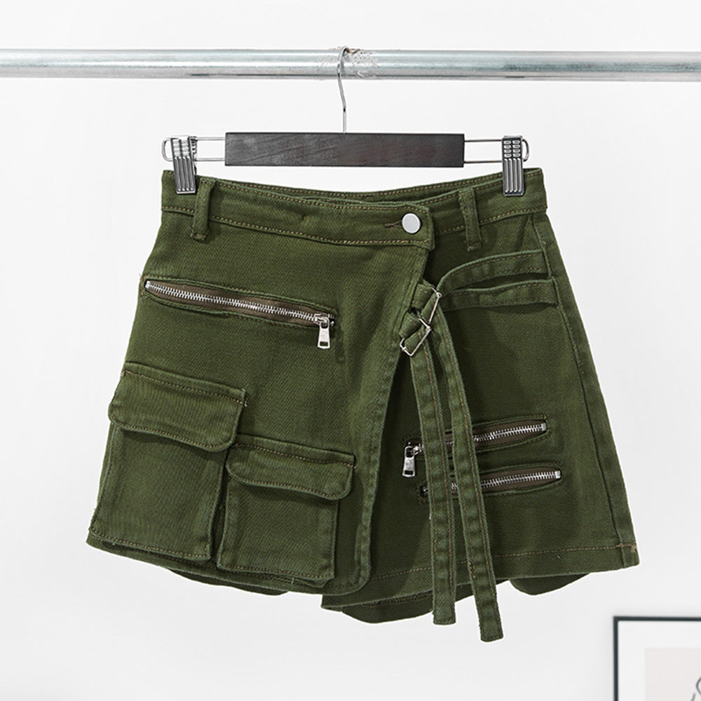 Women's Mid-Waist Cotton Denim Hot Pants – Belt Loop Detail in Green & Black S–XL