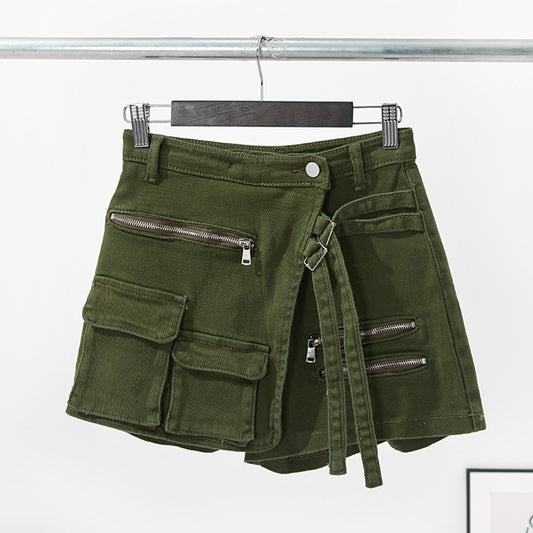Women's Mid-Waist Cotton Denim Hot Pants – Belt Loop Detail in Green & Black S–XL