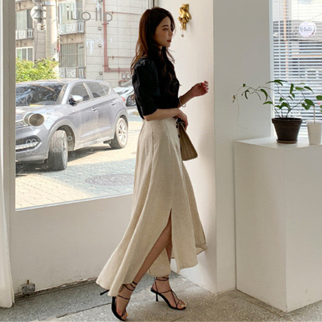 Women's Cotton Linen Irregular Hem Maxi Skirt – Natural Hemp Color S–L