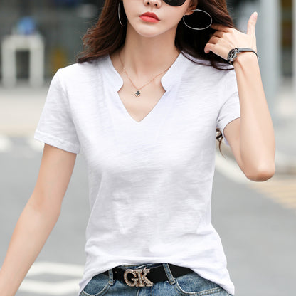 Women's Loose V-Neck Slub Cotton T-Shirt – Casual Summer Tee in 4 Colors (S-3XL)