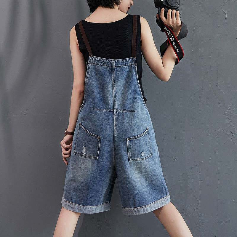 Women's High-Waist Wide-Leg Distressed Denim Overall Shorts – Blue S–2XL