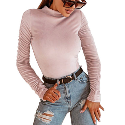Women's Slim Fit Velvet Pleated Top – Half-High Collar Long Sleeve Pink & Green S–XL