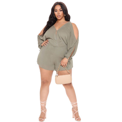 Women's Loose Doll Sleeve Casual Jumpsuit – Solid Color Plus Size XL–5XL