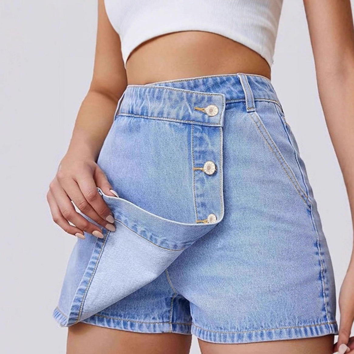 Women's Plus Size High-Waist Denim-Inspired Irregular Hem Shorts – Light Blue XL–4XL