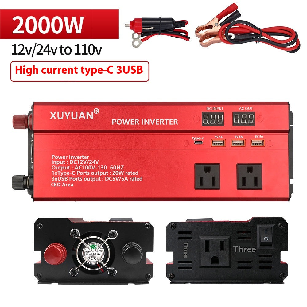 1200W Car Power Inverter – 12V/24V to 110V AC, LED Display, Air-Cooled (Black & Red)