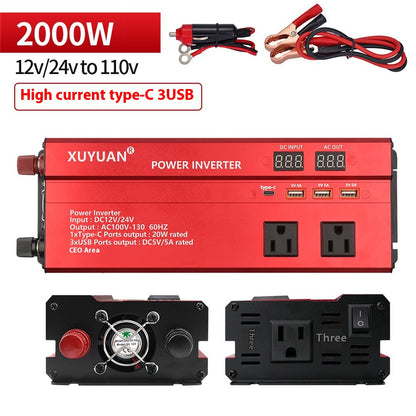 1200W Car Power Inverter – 12V/24V to 110V AC, LED Display, Air-Cooled (Black & Red)