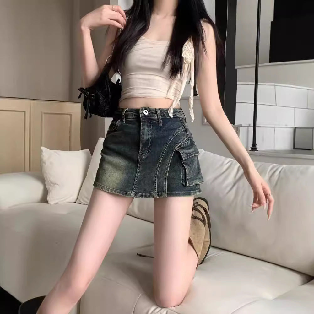 Women's Mid-Waist Denim Skort with Pockets – Straight-Leg Coverage Shorts XS–2XL