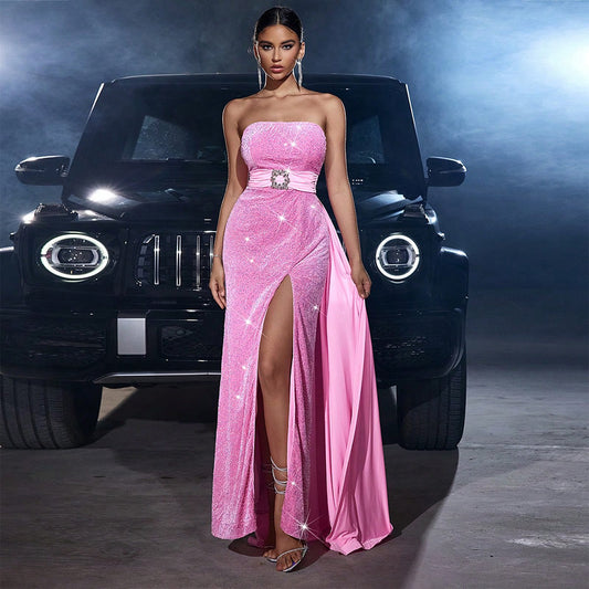 Women's Velvet Sequined Tube Top Banquet Dress – Cinched Waist Slim-Fit Party Gown