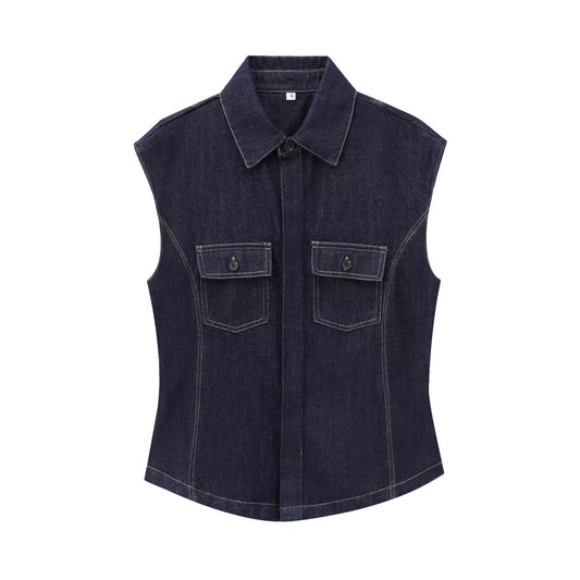 Women's Sleeveless Denim Lapel Shirt – String Detail Street Style