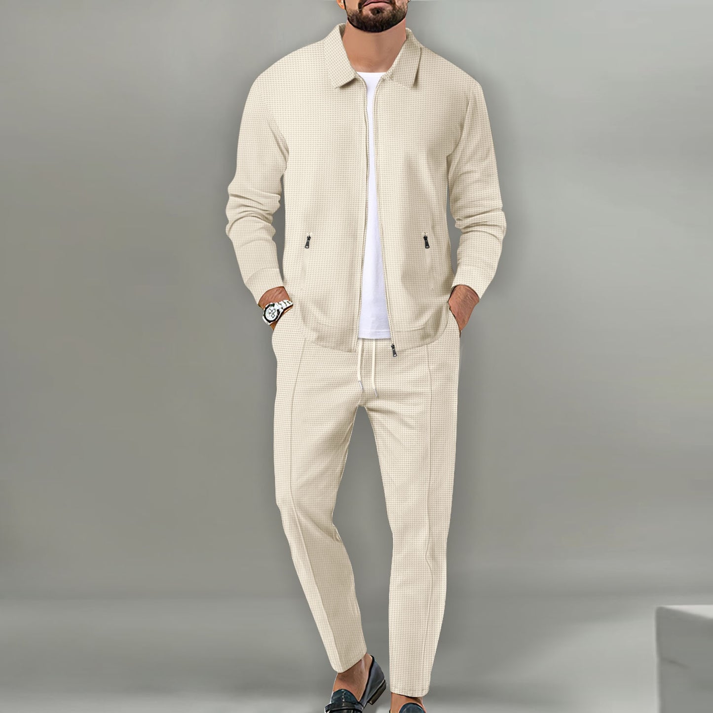 Men's Waffle Texture 2-Piece Casual Suit Set