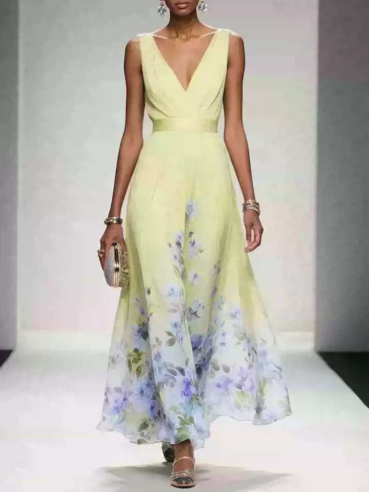 Women's Elegant V-Neck Sleeveless Maxi Evening Gown – High Waist Long Dress