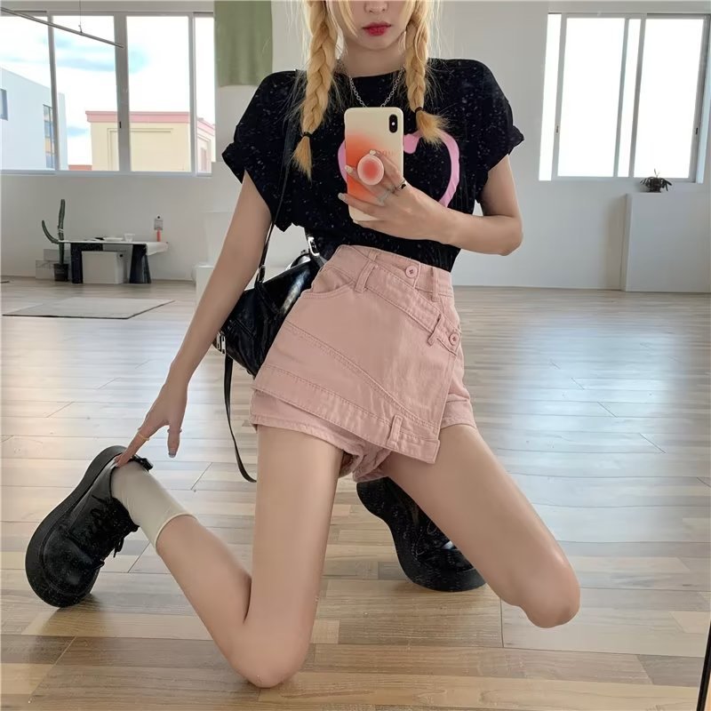Women's High-Waist Denim-Inspired Cropped Straight-Leg Pants – Distressed Streetwear Blue, Pink & Black S–5XL