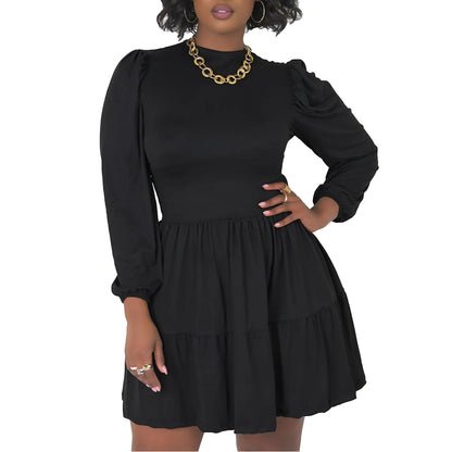 Women's Plus Size Elegant Patchwork Long Sleeve Dress – Princess Style Short Dress