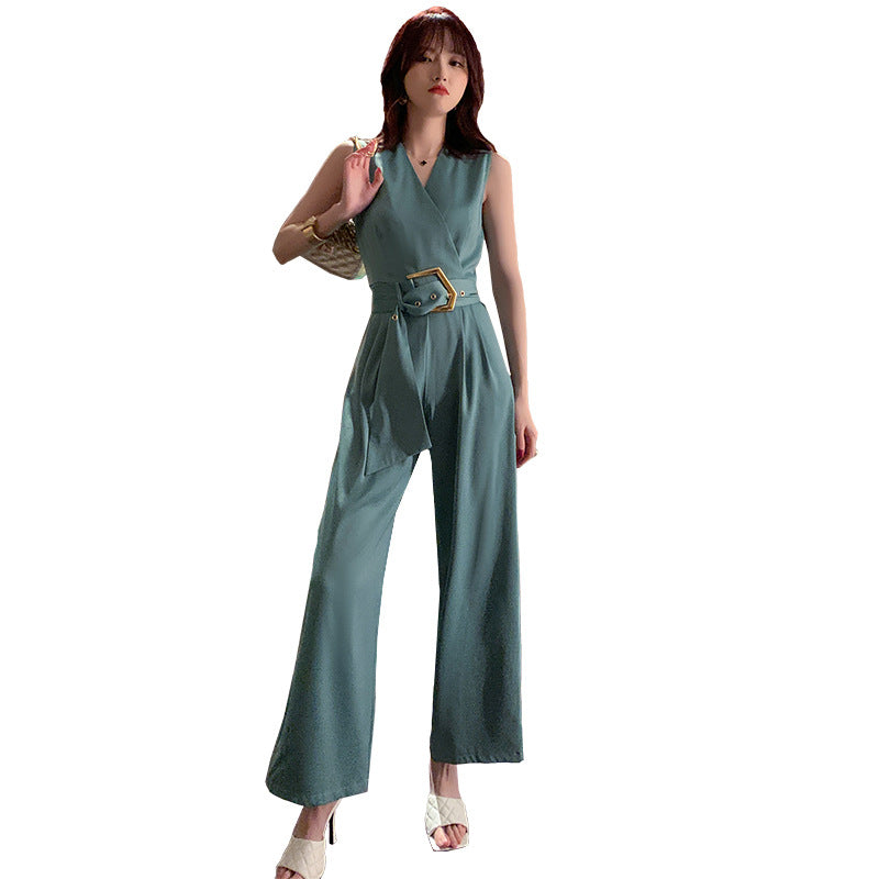 Women's V-Neck High Waist Satin Wide Leg Jumpsuit – Slim Fit Green S–XL